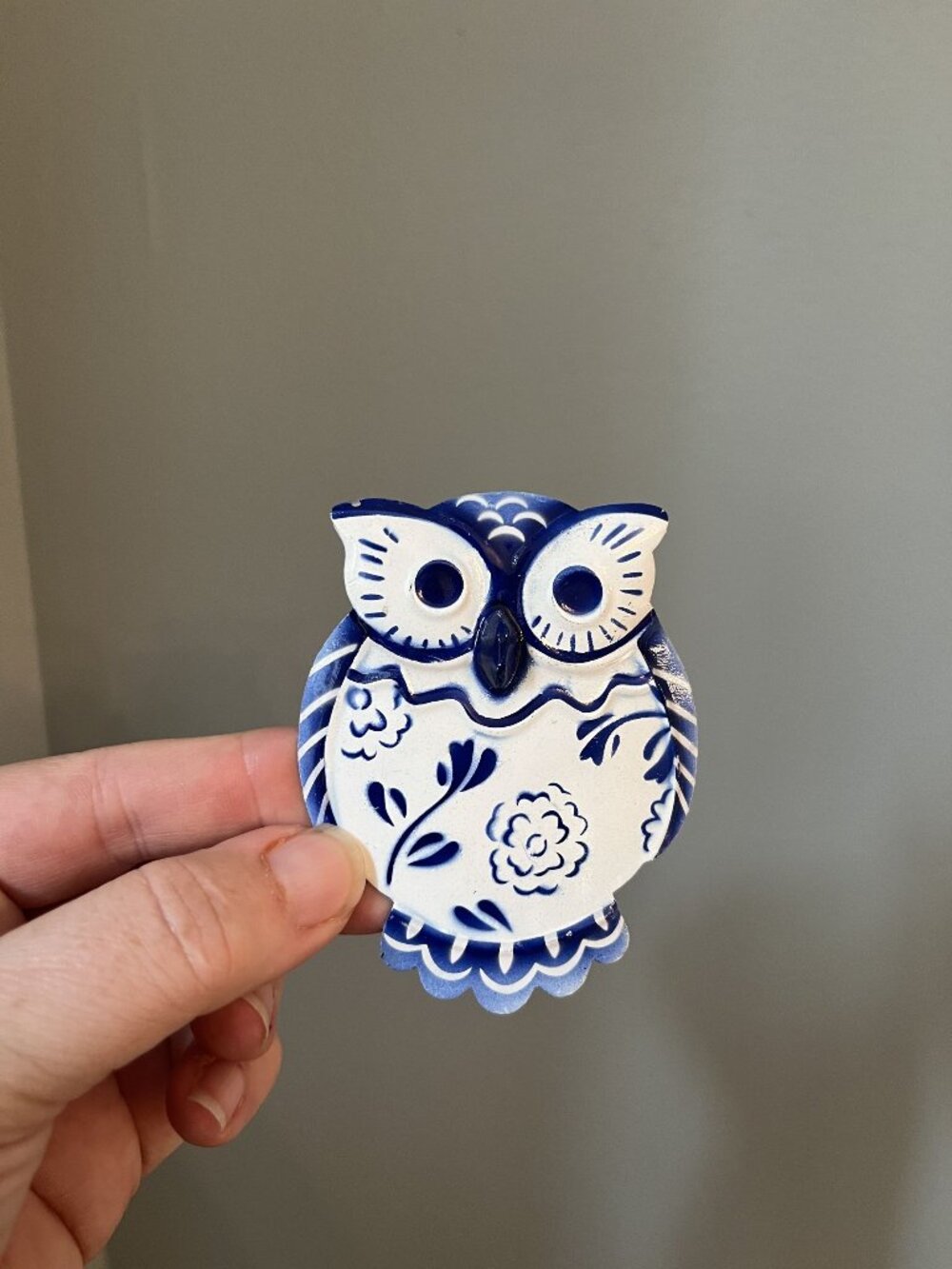 Blue & White Decorative Owl Tin Figurine Hand-Painted Floral Design Lightweight